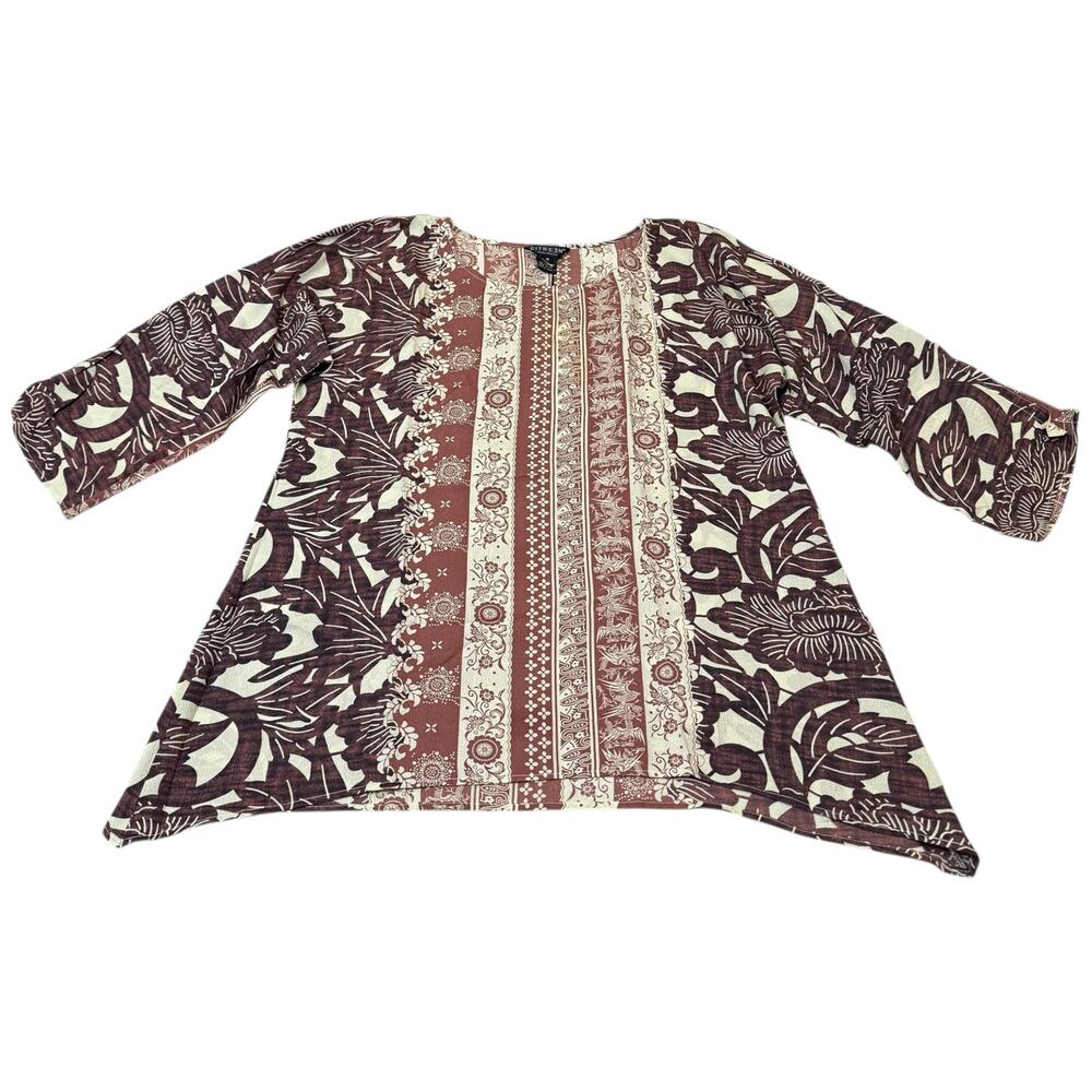NEW Citron Santa Monica Top 100% Silk Tunic Pattern Print Brown Cream Medium